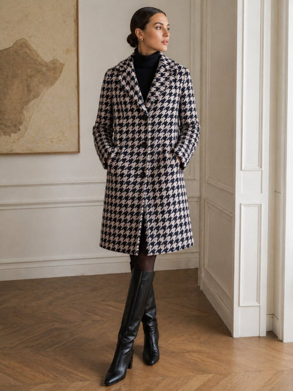 Kate Spade New York Houndstooth Coat Womens M Wool Blend Navy Ivory Button Front - Picture 1 of 16